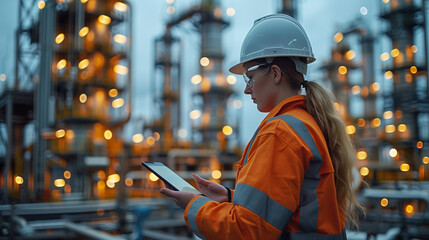 woman wearing an orange jacket and hard hat is focused on a tablet in her hands, possibly inspecting plans or data on a construction site. She appears engaged in her work and is standing with a purpos