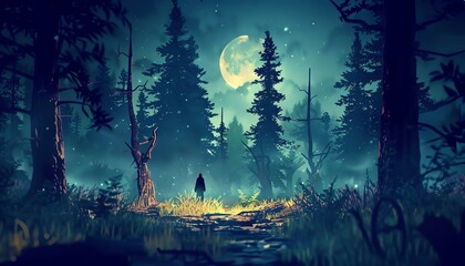 Incorporate a haunting forest with twisted trees and a foggy moonlit sky in a pixel art style, focusing on a shadowy figure lurking in the background - obrazy, fototapety, plakaty