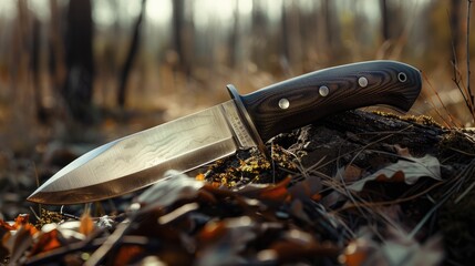 Handmade hunting knife stuck in a tree. AI generative. - obrazy, fototapety, plakaty