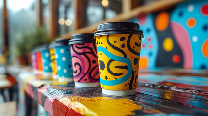 A dynamic coffee cup design bursts with graffiti-inspired typography amidst a kaleidoscope of...