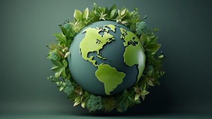 Minimalist globe of vibrant green leaves, 3D rendered, highlighting eco-tourism