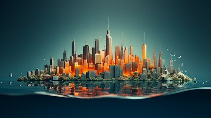 Minimalist illustration of a city drowning in its waste, paper-cut style, realistic 3D look, super blurred urban background,