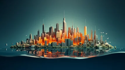 Foto op Plexiglas Minimalist illustration of a city drowning in its waste, paper-cut style, realistic 3D look, super blurred urban background, © Anuwat