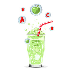 Healthy green apple oxygen cocktail with air bubbles. Isolated vector summer drink for design