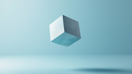 Abstract cube floating over a light blue background.