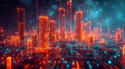 Futuristic Glowing Cityscape with Pixelized Technology Data Visualization