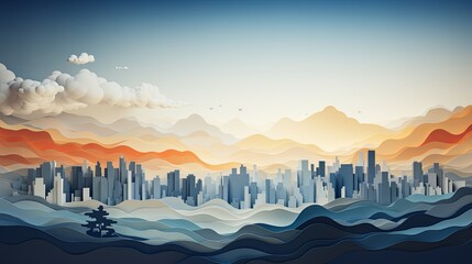 Minimalist illustration of smoke-filled skies over a city, realistic paper-cut style, 3D effect, super blurred background, - obrazy, fototapety, plakaty