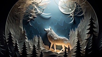 Minimalist paper-cut design of a wolf howling on a moonlit night, realistic 3D landscape, - obrazy, fototapety, plakaty