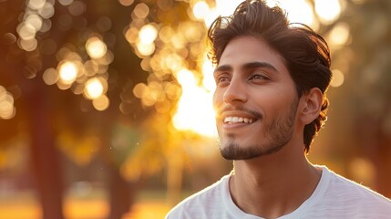 Radiant Young Man Smiling in Warm Sunset Light
