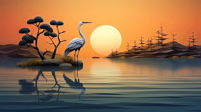 Minimalist illustration of a heron fishing in a calm lake, realistic paper-cut style, 3D-rendered,