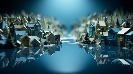 Minimalist paper-cut style flood scene in an urban area, highlighting climate change, super blurred background, - obrazy, fototapety, plakaty