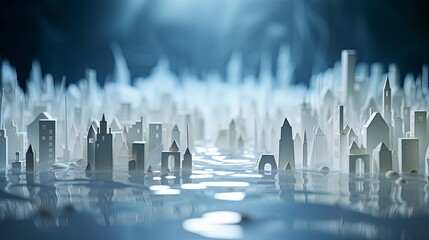 Minimalist paper-cut style flood scene in an urban area, highlighting climate change, super blurred background, - obrazy, fototapety, plakaty