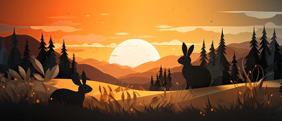 Rolgordijnen Minimalist paper-cut style of a rabbit in a meadow at sunrise, realistic 3D render, © Anuwat