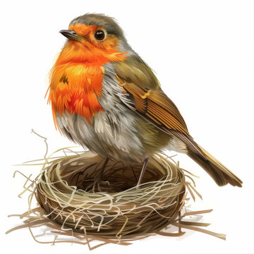 Robin perched on a Nest on white background