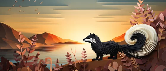 Fototapeten Paper-cut illustration of a skunk wandering at dusk, 3D-rendered, minimalist twilight landscape, © Anuwat