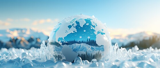 Fototapeta na wymiar Paper-cut style 3D globe with shrinking ice caps, minimalist environmental warning, super blurred background,