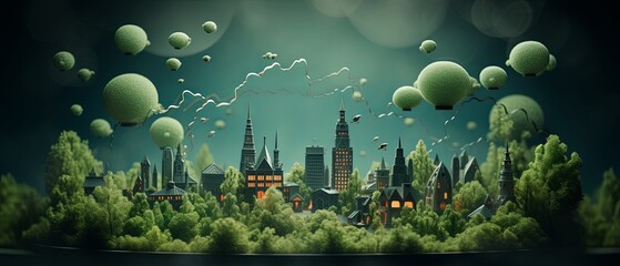 Obraz premium Paper-cut style 3D illustration of greenhouse gases enveloping Earth, minimalist, blurred atmosphere background,