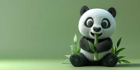 Fototapeta premium Cute Panda Sitting in Grass with Bamboo Stick in Front on a Sunny Day in Wildlife Nature Habitat