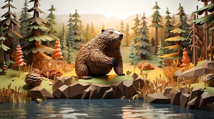 Paper-cut style 3D render of a beaver by a woodland stream, minimalist forest background,