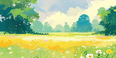 Anime cartoon style background, Summer vibrant green grass blue skies backdrop banner wide illustration, generated ai