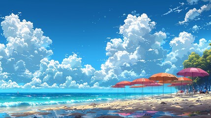 Transform the simplicity of a side view of modern umbrellas against a serene blue sky - obrazy, fototapety, plakaty