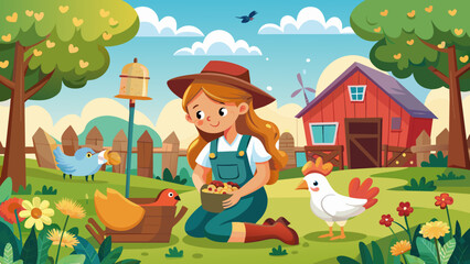 Obraz na płótnie Canvas girl-working-in-farm--little-girl-and-chickens-at