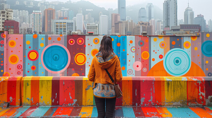 A bustling cityscape transformed into an open-air gallery, bursting with vibrant hues and creative...