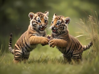 bengal tiger and baby in forest  - obrazy, fototapety, plakaty