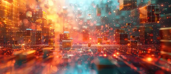 Fototapeta na wymiar Mesmerizing Data Visualization Cityscape with Glowing Pixel Structures and Dynamic Abstract Patterns