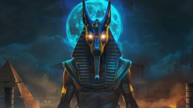 Egyptian gods with moon and pyramids in the background. Seamlessly looped animation.