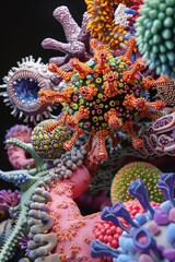 Obraz premium Capture the complex beauty of different pathogens such as viruses, bacteria, and fungi in a digital photorealistic rendering Show their intricate structures and textures in a colorful and detailed por