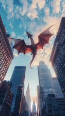 Capture a majestic dragon soaring above skyscrapers in photorealistic digital rendering, using unexpected glitch art techniques to add a mystical touch - obrazy, fototapety, plakaty