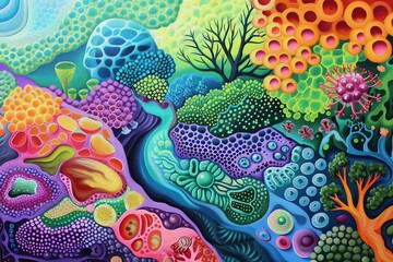 Capture the intricate world within us Using acrylic, show a vibrant, diverse microbiome landscape Include microscopic organisms, cells, and a harmonious color palette