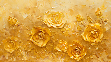 Art print with golden textures and golden roses as background. Freehand oil painting.