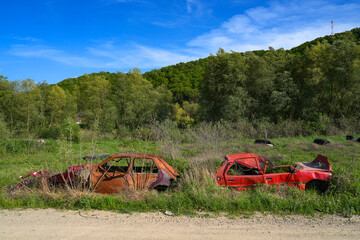Rusty and broken red abandoned car in the outdoors. Old abandoned rusty car without wheels on the side of the road - 784588050