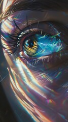 Create a traditional oil painting featuring a human eye as the central focus, reflecting surrealistic dreams intertwined with advanced holographic projections at an unexpected angle