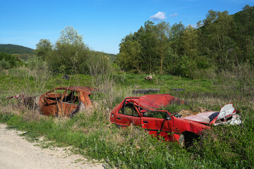 Rusty and broken red abandoned car in the outdoors. Old abandoned rusty car without wheels on the side of the road - 784588058