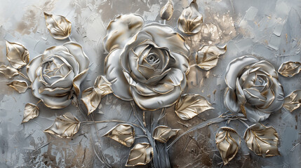 Art print with silver textures and silver roses. as background. Freehand oil painting.