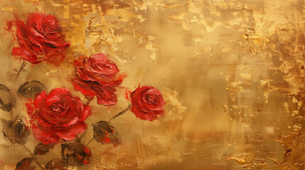 Art print with golden textures and red roses. as background. Freehand oil painting.