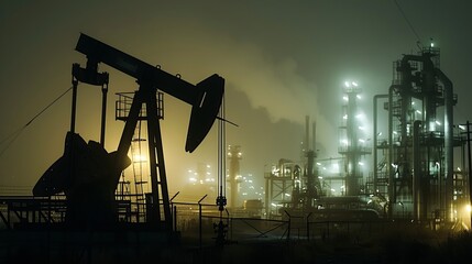 An oil pump and refinery illuminated at night with fog, creating a dramatic scene that underscores the energy sector's challenges - obrazy, fototapety, plakaty