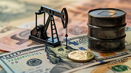 An oil pump jack and a black barrel on US dollar notes, representing the financial returns from oil industry investments
