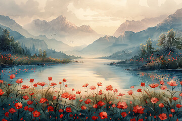 Sunset Wildflower Meadow - A Beautiful Ornamental Artwork - obrazy, fototapety, plakaty