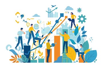 illustration in trendy flat and linear style - teamwork and business growth concept - people constructing graphics - banner and infographics design template - economy crisis