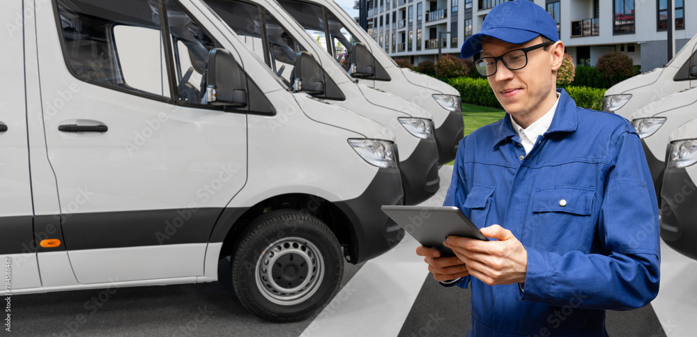 Poster Manager with a digital tablet on the background of delivery van. Fleet management.