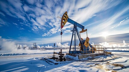 An oil pump jack operates under a blue sky with clouds, symbolizing ongoing energy production even in winter - obrazy, fototapety, plakaty