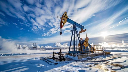 Foto op Aluminium An oil pump jack operates under a blue sky with clouds, symbolizing ongoing energy production even in winter © Orxan