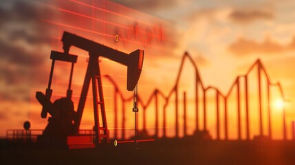 Concept of falling oil prices depicted by a graph and an oil pump jack at an oilfield during sunset, emphasizing the volatile nature of oil production. - obrazy, fototapety, plakaty