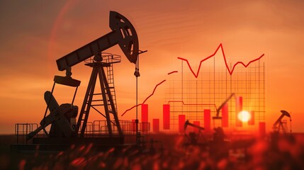 Concept of falling oil prices depicted by a graph and an oil pump jack at an oilfield during sunset, emphasizing the volatile nature of oil production.