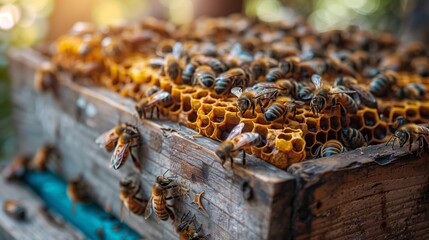 Insect pollinators on a wooden beehive, creating honeycomb for cuisine recipes