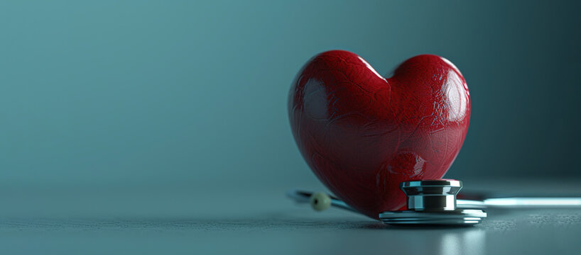 Statoscope with a red heart shape on a blue background. The concept of heart checkup, health, blood donor month. World Health Day.